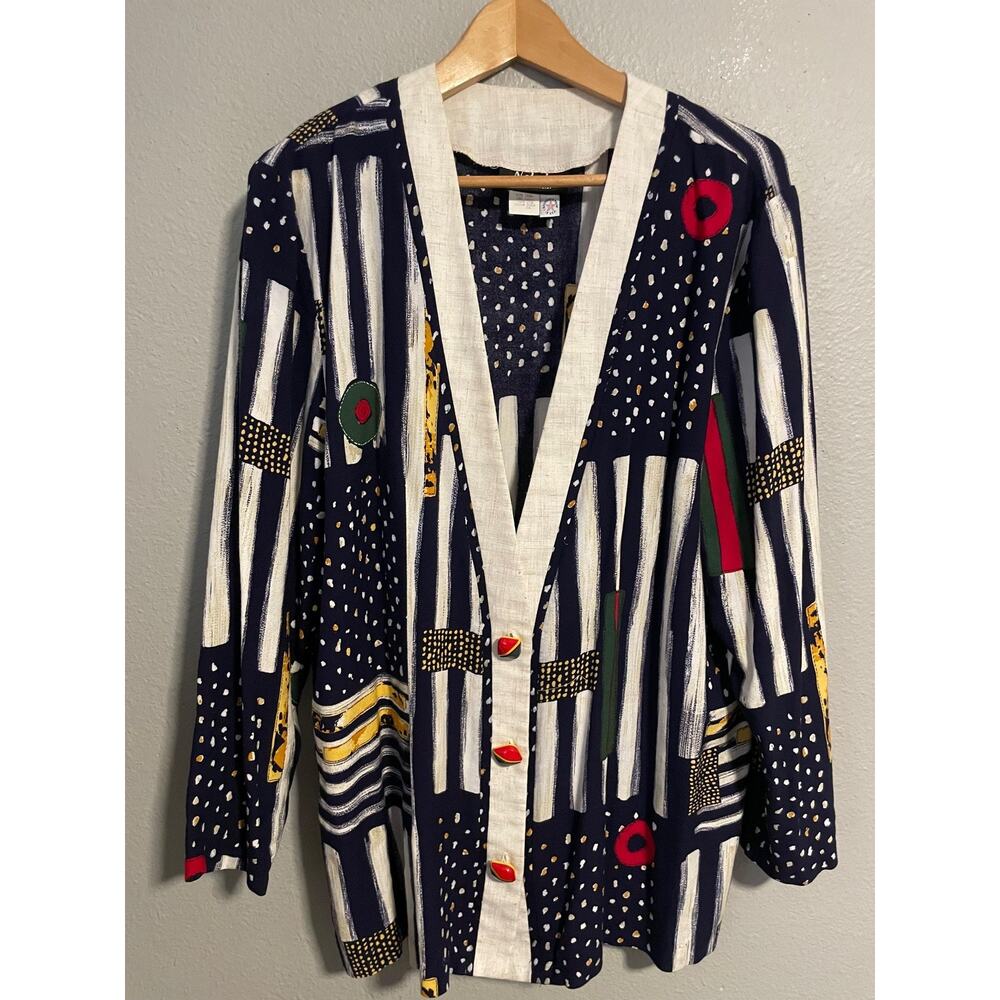 Vintage Nebula Jacket Womens 16 Blue Abstract Stripe Button Front Artsy 90s